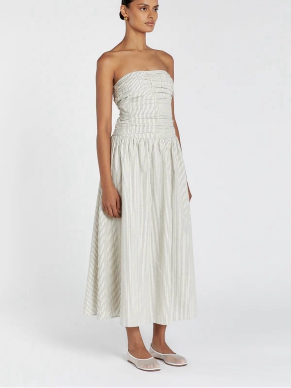 DISSH Lexi Strapless Smocked Maxi Dress Ivory Thin Stripes Drop Basque Waist 6